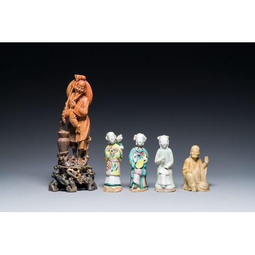 521 - Two Chinese soapstone sculptures and three porcelain figures of ladies, Kangxi and laterDescription:... 