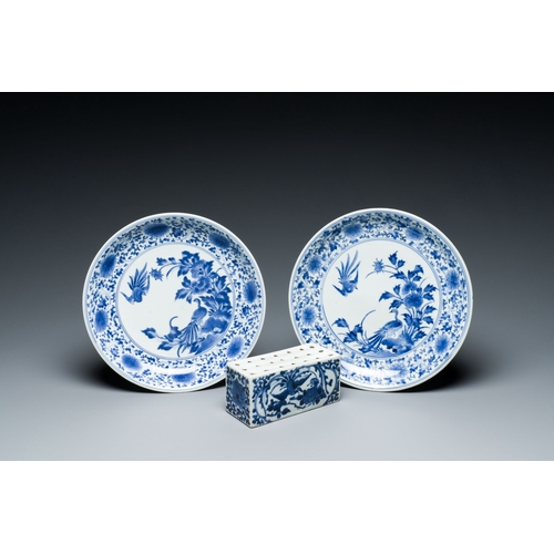 533 - A pair of Japanese blue and white plates and a rectangular pounce pot, Arita, Edo, 18th C.Descriptio... 