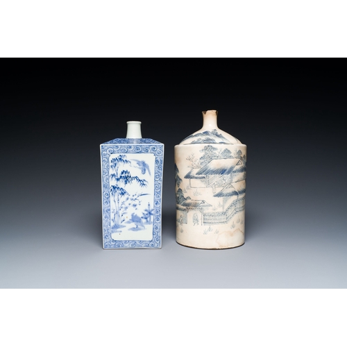 539 - A Japanese blue and white Arita square flask and a Tangen-style bottle, 'tokkuri', Edo, 18/19th C.De... 