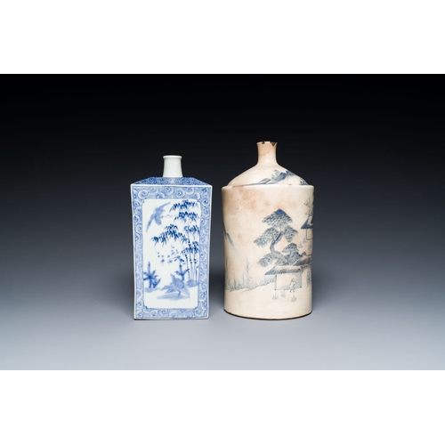 539 - A Japanese blue and white Arita square flask and a Tangen-style bottle, 'tokkuri', Edo, 18/19th C.De... 