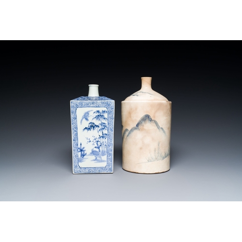 539 - A Japanese blue and white Arita square flask and a Tangen-style bottle, 'tokkuri', Edo, 18/19th C.De... 