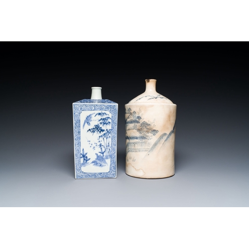 539 - A Japanese blue and white Arita square flask and a Tangen-style bottle, 'tokkuri', Edo, 18/19th C.De... 