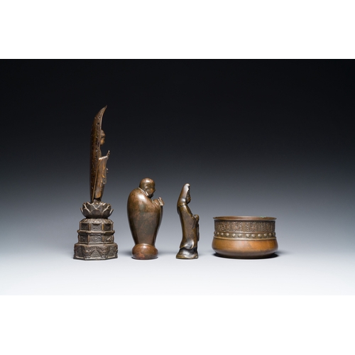 544 - Three Japanese bronze sculptures of Buddha and of Guanyin and a censer, Edo/Meiji, 18/19th C.Descrip... 