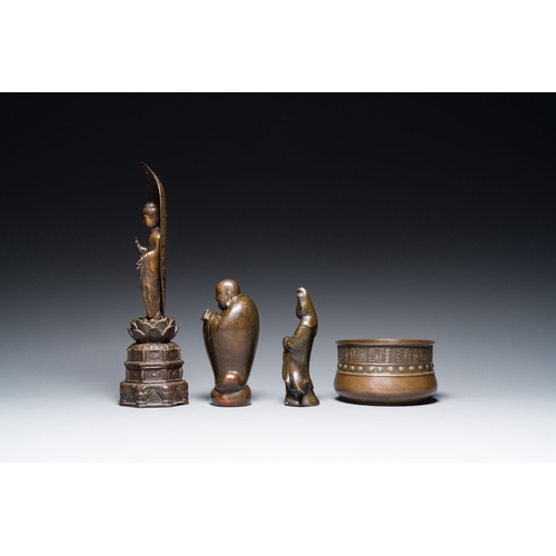 544 - Three Japanese bronze sculptures of Buddha and of Guanyin and a censer, Edo/Meiji, 18/19th C.Descrip... 