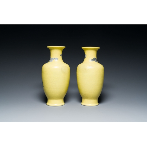 546 - A pair of Chinese famille rose yellow sgraffiato ground 'sages' vases, Qianlong mark, RepublicDescri... 