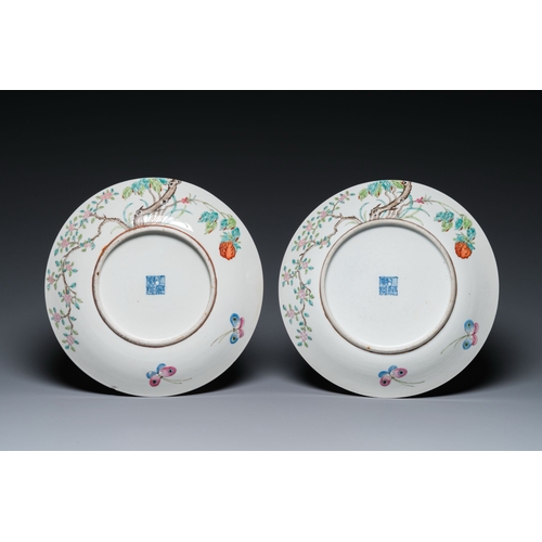 548 - A pair of Chinese famille rose âmagpie and prunusâ dishes, Qianlong mark, RepublicDescription:Di... 