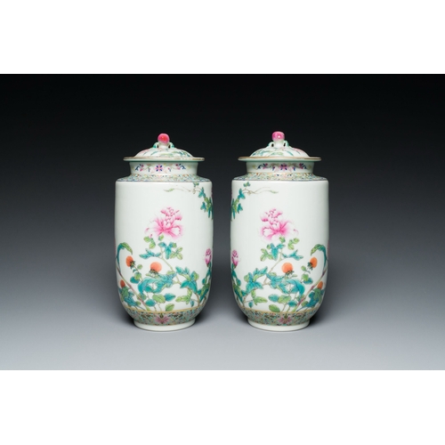 560 - A pair of Chinese famille rose vases and covers with floral design, Jiaqing mark, RepublicDescriptio... 