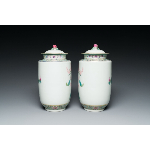 560 - A pair of Chinese famille rose vases and covers with floral design, Jiaqing mark, RepublicDescriptio... 