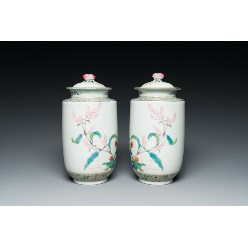 560 - A pair of Chinese famille rose vases and covers with floral design, Jiaqing mark, RepublicDescriptio... 