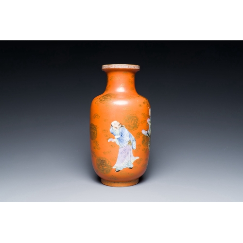 562 - A Chinese famille rose coral-red-ground 'Immortals' rouleau vase, Qianlong mark, RepublicDescription... 