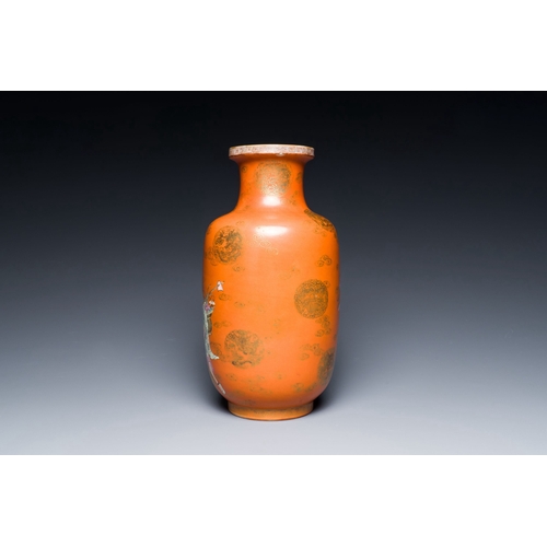 562 - A Chinese famille rose coral-red-ground 'Immortals' rouleau vase, Qianlong mark, RepublicDescription... 