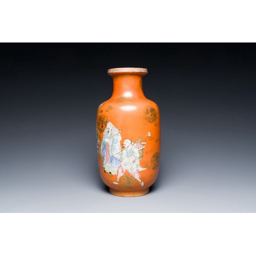 562 - A Chinese famille rose coral-red-ground 'Immortals' rouleau vase, Qianlong mark, RepublicDescription... 