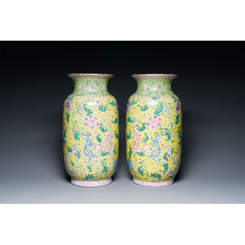 563 - A pair of Chinese famille rose yellow-ground 'dragon' vases, Qianlong mark, RepublicDescription:H.: ... 