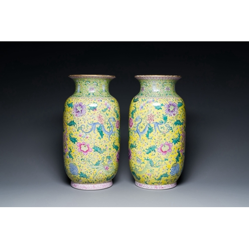 563 - A pair of Chinese famille rose yellow-ground 'dragon' vases, Qianlong mark, RepublicDescription:H.: ... 