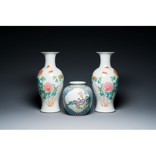 574 - A pair of Chinese famille rose vases and a turquoise-ground jar, RepublicDescription:H.: 44,5 cm (th... 