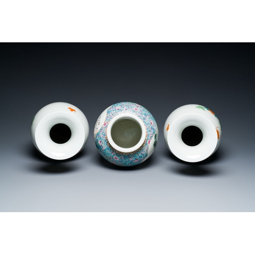 574 - A pair of Chinese famille rose vases and a turquoise-ground jar, RepublicDescription:H.: 44,5 cm (th... 