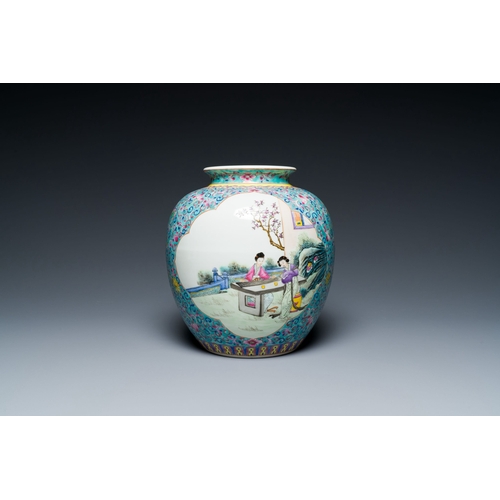 574 - A pair of Chinese famille rose vases and a turquoise-ground jar, RepublicDescription:H.: 44,5 cm (th... 