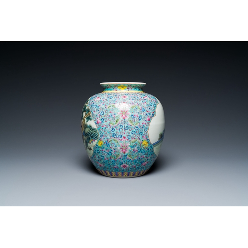 574 - A pair of Chinese famille rose vases and a turquoise-ground jar, RepublicDescription:H.: 44,5 cm (th... 