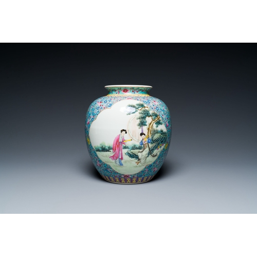 574 - A pair of Chinese famille rose vases and a turquoise-ground jar, RepublicDescription:H.: 44,5 cm (th... 