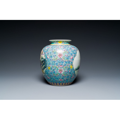 574 - A pair of Chinese famille rose vases and a turquoise-ground jar, RepublicDescription:H.: 44,5 cm (th... 