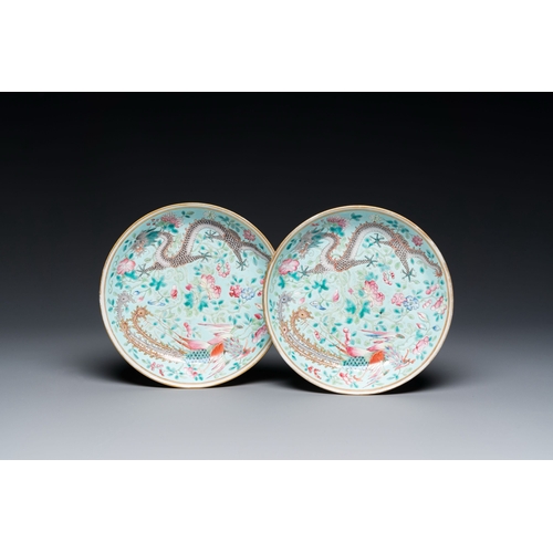 588 - A pair of Chinese famille rose 'dragon and phoenix' saucer dishes, Guangxu mark and of the periodDes... 