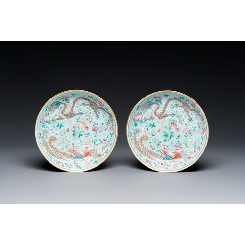 588 - A pair of Chinese famille rose 'dragon and phoenix' saucer dishes, Guangxu mark and of the periodDes... 