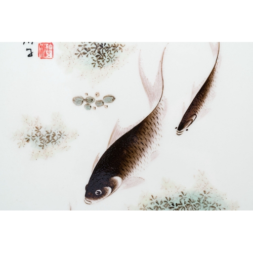 596 - A Chinese qianjiang cai 'fish' plaque, signed Deng Bishan é§ç¢§ç, dated 1928Description:Dim.: 57 ... 