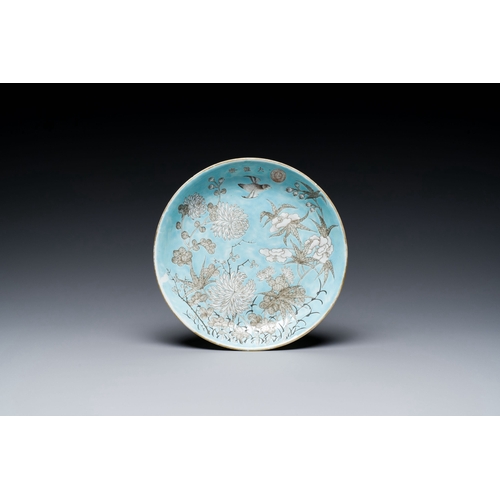 603 - A Chinese turquoise-ground grisaille-decorated Dayazhai plate, Yong Qing Chang Chun æ°¸æ¶é·æ¥ mar... 