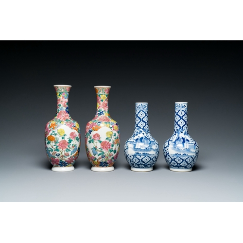 607 - Two pairs of Chinese blue, white and famille rose bottle vases, 19/20th C.Description:H.: 24,5 cm (t... 