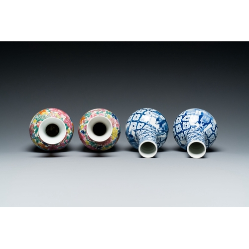 607 - Two pairs of Chinese blue, white and famille rose bottle vases, 19/20th C.Description:H.: 24,5 cm (t... 