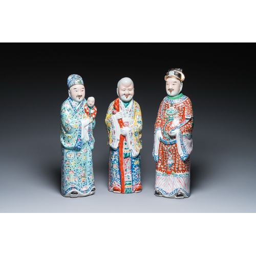 630 - Three Chinese famille rose figures of star gods, seal marks, 19/20th C.Description:H.: 49 cm (the ta... 