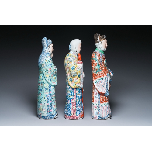 630 - Three Chinese famille rose figures of star gods, seal marks, 19/20th C.Description:H.: 49 cm (the ta... 