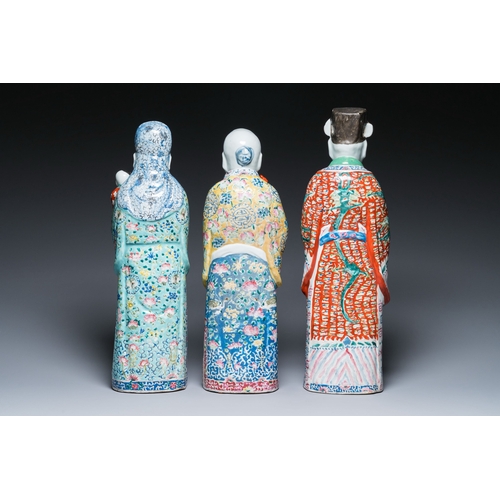 630 - Three Chinese famille rose figures of star gods, seal marks, 19/20th C.Description:H.: 49 cm (the ta... 