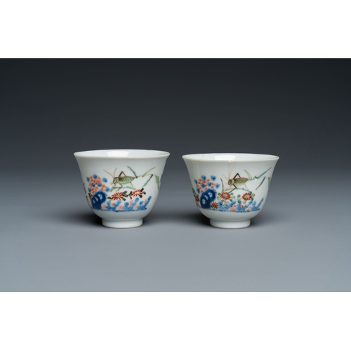 632 - A pair of Chinese famille verte 'grasshopper' teacups, Kangxi mark but probably laterDescription:Dia... 