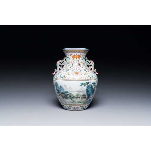 634 - A Chinese famille rose 'hu' vase with fine landscapes, Qianlong mark, 19/20th C.Description:H.: 22 c... 