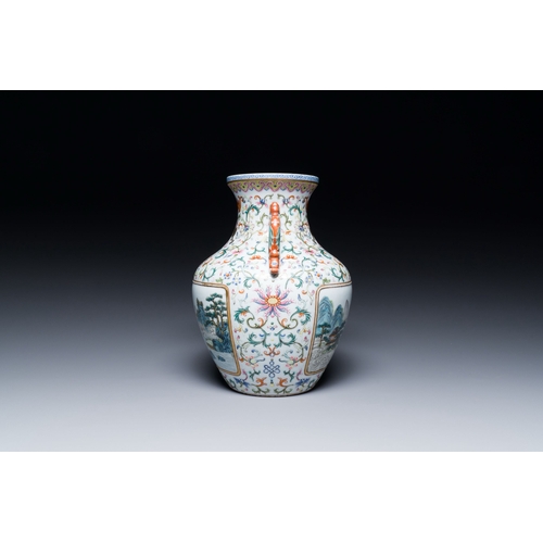 634 - A Chinese famille rose 'hu' vase with fine landscapes, Qianlong mark, 19/20th C.Description:H.: 22 c... 