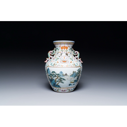 634 - A Chinese famille rose 'hu' vase with fine landscapes, Qianlong mark, 19/20th C.Description:H.: 22 c... 