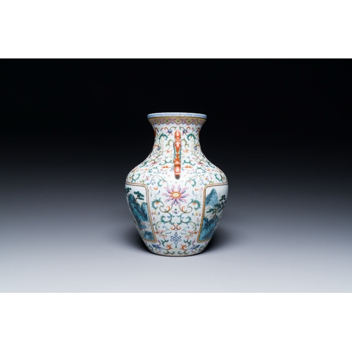 634 - A Chinese famille rose 'hu' vase with fine landscapes, Qianlong mark, 19/20th C.Description:H.: 22 c... 