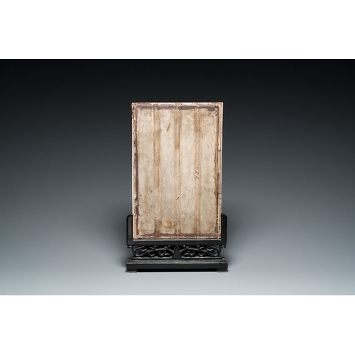 642 - A fine Chinese famille rose plaque in wooden stand, signed Wang Qi çç¦, 20th C.Description:Dim.: ... 