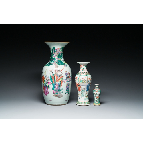 661 - A pair of Chinese famille verte dishes and three famille rose and verte vases, 19/20th C.Description... 