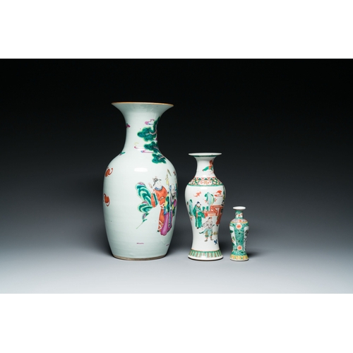 661 - A pair of Chinese famille verte dishes and three famille rose and verte vases, 19/20th C.Description... 