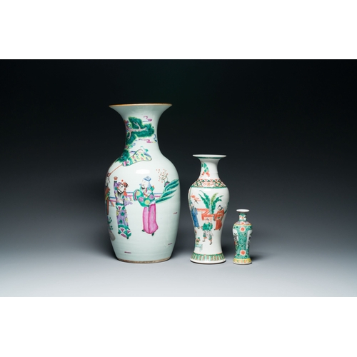 661 - A pair of Chinese famille verte dishes and three famille rose and verte vases, 19/20th C.Description... 