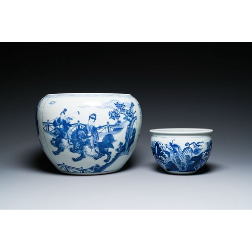 663 - Two Chinese blue and white fish bowls or jardinieres with figurative design and mythical animals, 19... 