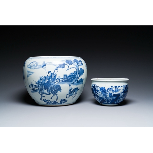 663 - Two Chinese blue and white fish bowls or jardinieres with figurative design and mythical animals, 19... 