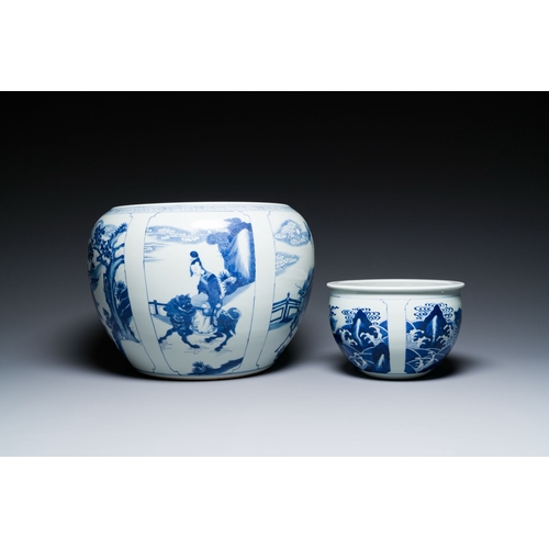 663 - Two Chinese blue and white fish bowls or jardinieres with figurative design and mythical animals, 19... 