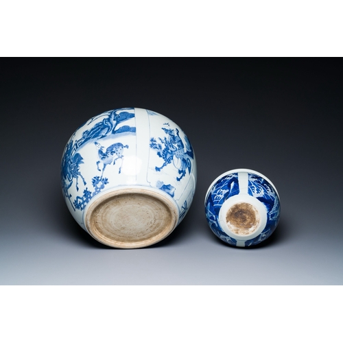 663 - Two Chinese blue and white fish bowls or jardinieres with figurative design and mythical animals, 19... 