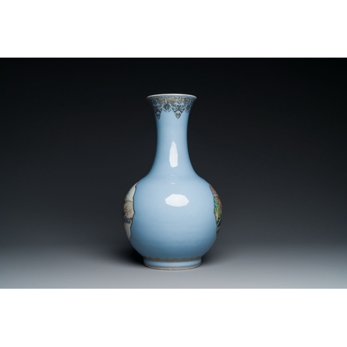 666 - A Chinese famille rose lavender-blue-ground bottle vase, Qianlong mark, RepublicDescription:H.: 40,5... 