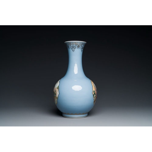 666 - A Chinese famille rose lavender-blue-ground bottle vase, Qianlong mark, RepublicDescription:H.: 40,5... 