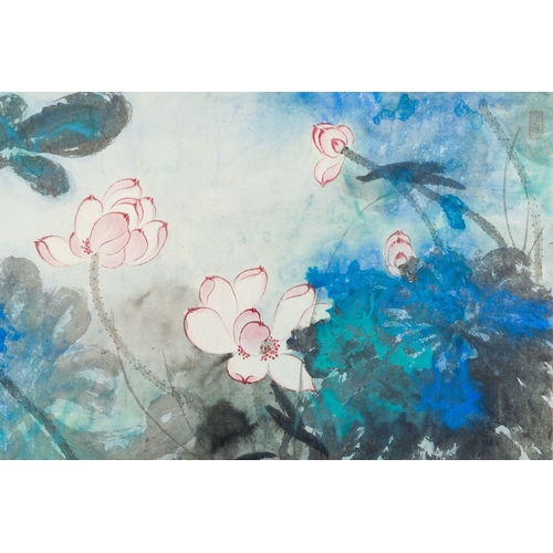 682 - Follower of Zhang Daqian å¼µå¤§å (1898-1983): 'Lotus', ink and colours on paper, dated 1981Descrip... 