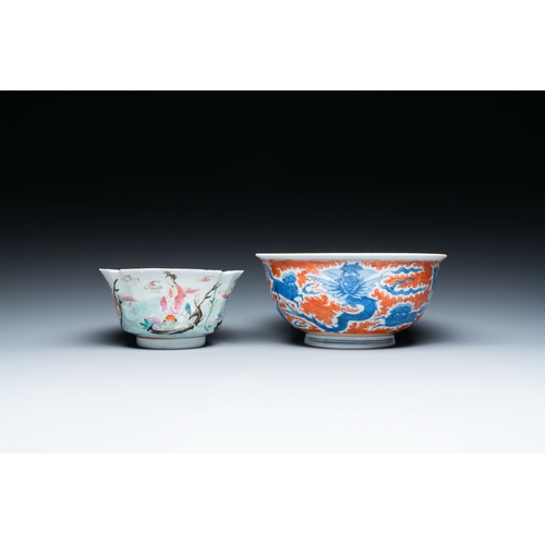 705 - A Chinese blue, white and iron-red 'dragon' bowl and a famille rose 'immortals' bowl, Jiaqing and Wa... 